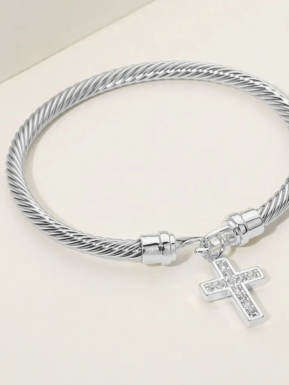 Pave Cross Charm Silver-Tone Rope Bracelet